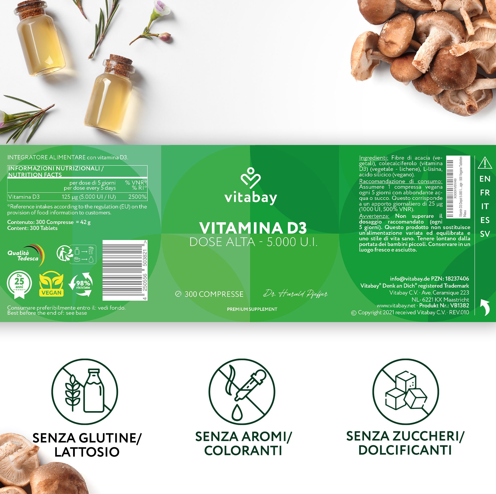 Vitabay Vitamina D3 Dose Alta 5000 UI. Etichetta con informazioni nutrizionali e sigilli.