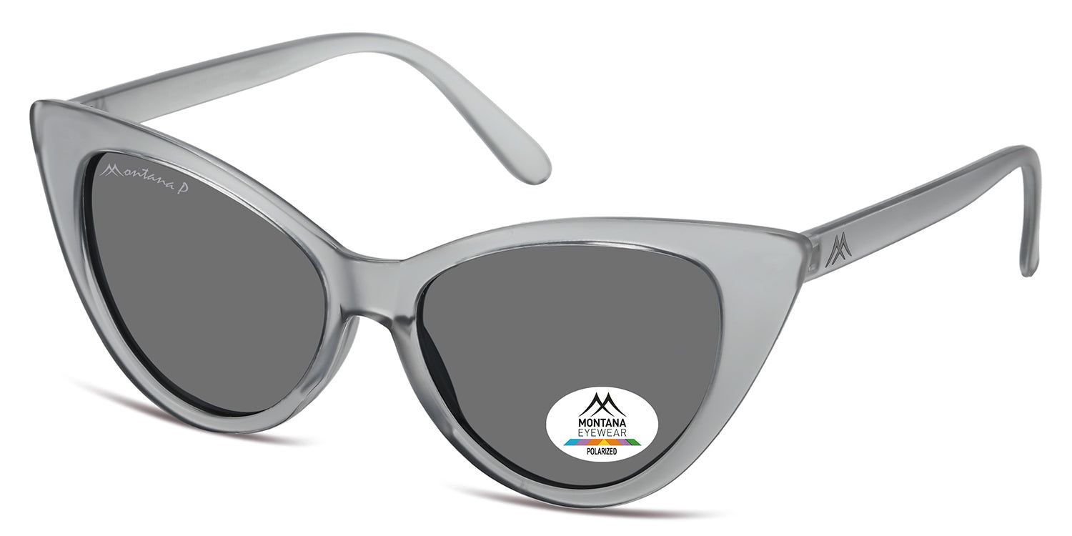 Occhiali da sole grigi a forma di occhi di gatto. Logo Montana Eyewear e adesivo di polarizzazione sulla lente. Aste grigie.