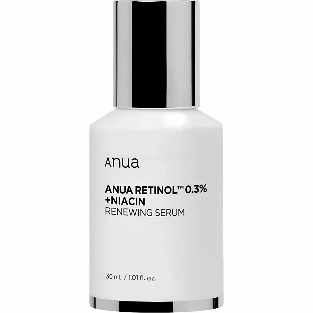 Flacone bianco con tappo argentato. Scritta: Anua, ANUA RETINOL 0.3% + NIACIN RENEWING SERUM. 30 ml / 1.01 fl. oz.