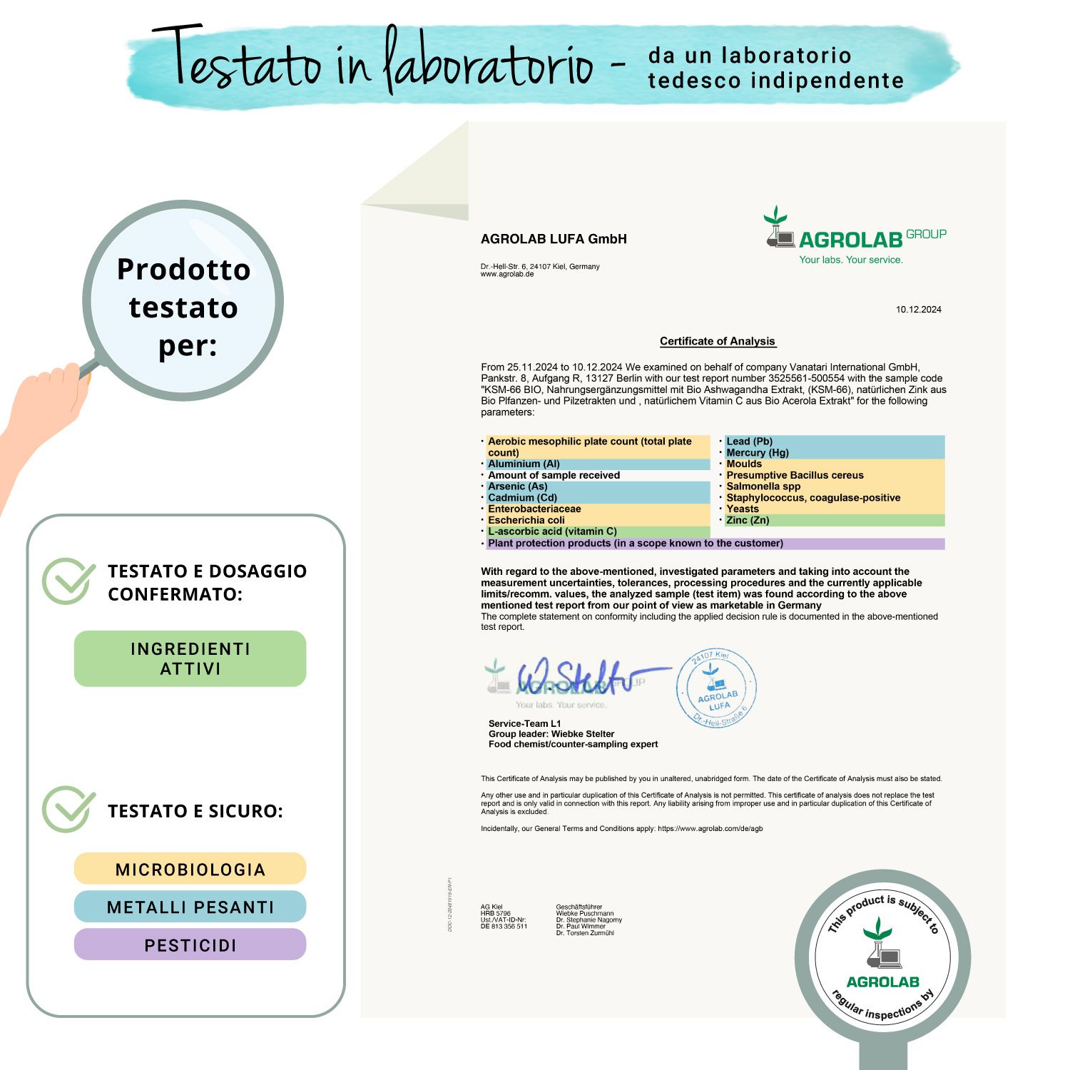 Documento di certificazione di Agrolab. Conferma degli ingredienti e del dosaggio. Microbiologia, metalli pesanti, pesticidi.