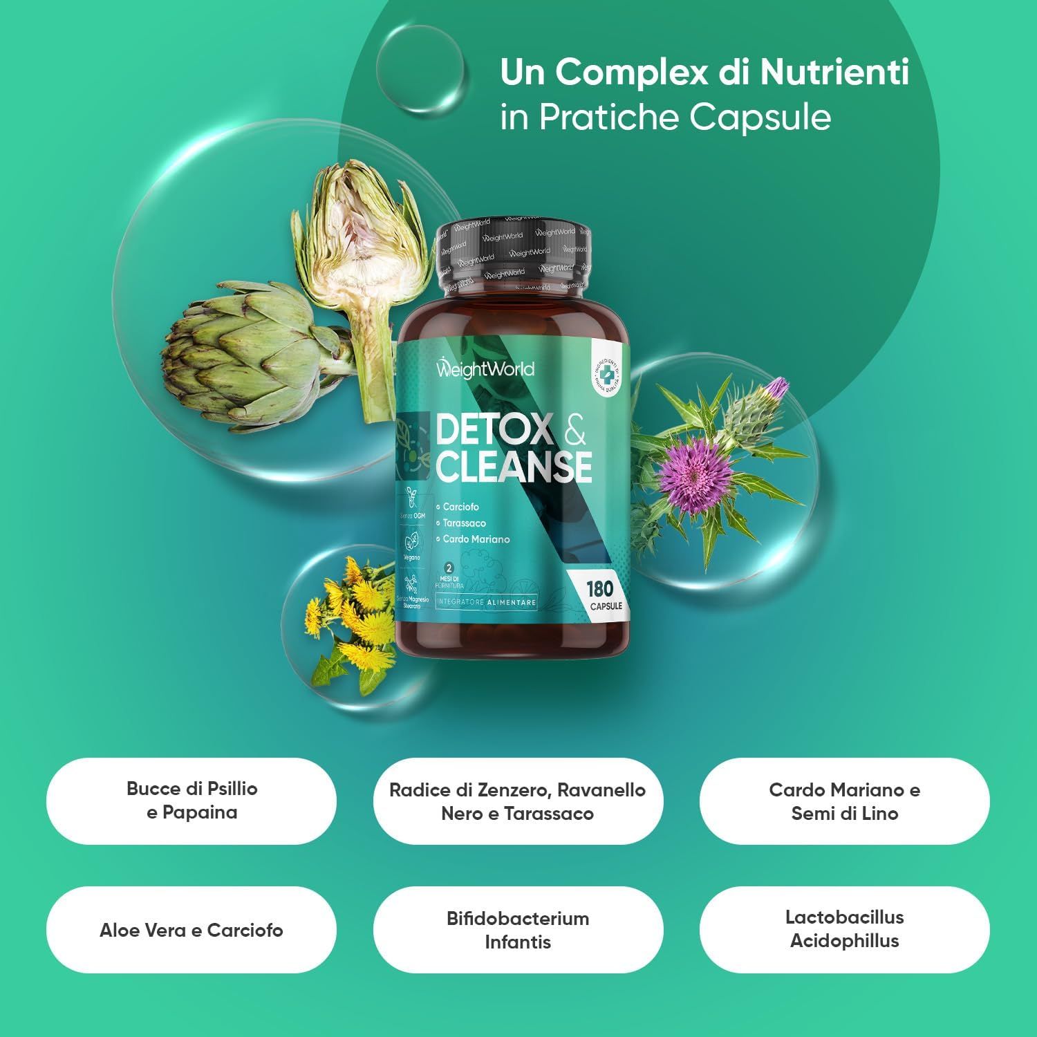 Flacone di Detox & Cleanse. Ingredienti: Psillio, carciofo, cardo mariano, ecc. Testo: Un complesso di nutrienti in capsule pratiche.