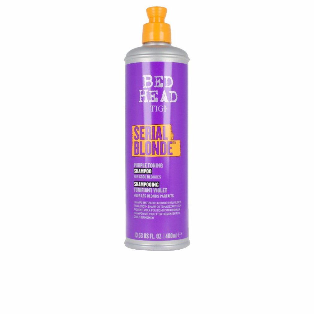 Shampoo viola Bed Head Tigi. Bottiglia con tappo giallo. Scritta: Serial Blonde, Purple Toning Shampoo.