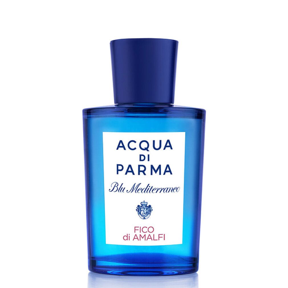 Flacone di profumo blu con tappo blu. Scritta: Acqua Di Parma, Blu Mediterraneo, Fico Di Amalfi. Eau de Toilette.