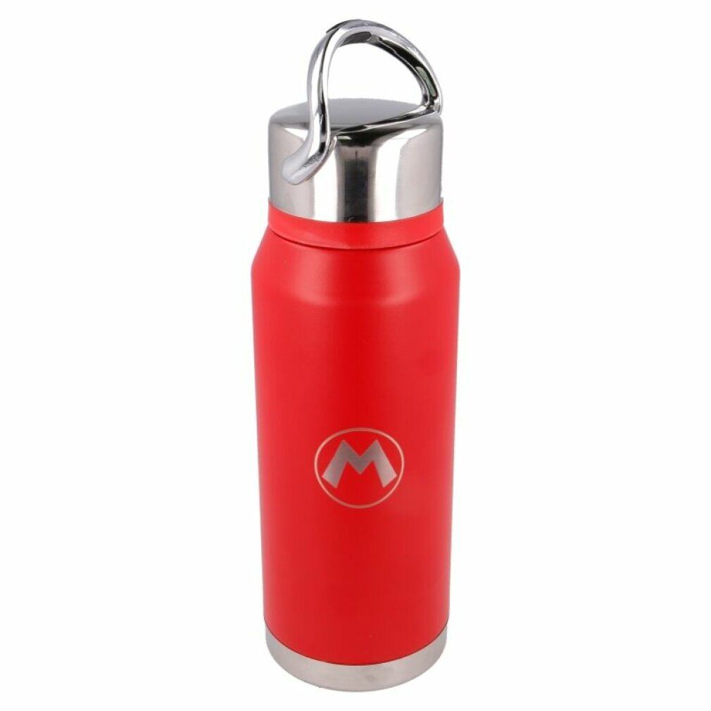 Borraccia rossa cilindrica in acciaio inox, tappo e manico argentati. Logo argentato "M".