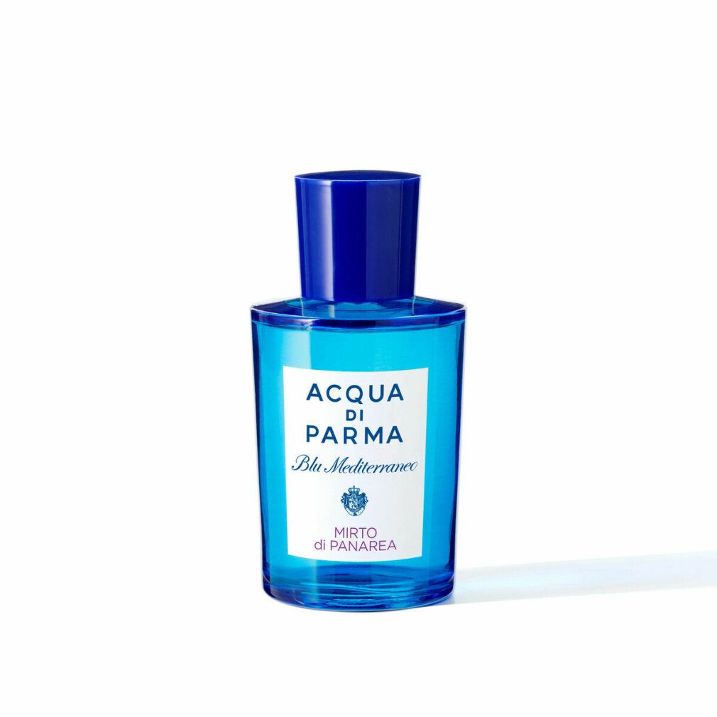 Flacone di vetro blu con tappo blu. Etichetta bianca con scritta: ACQUA DI PARMA, Blu Mediterraneo, Mirto di Panarea.
