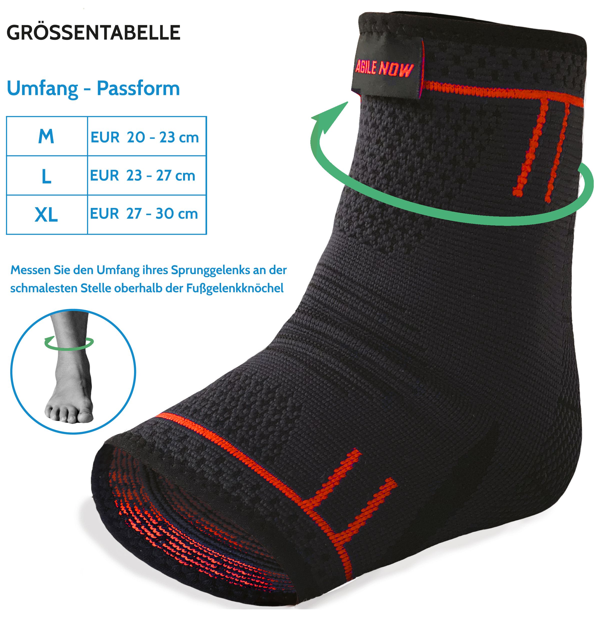 Cavigliera nera con dettagli rossi. Testo: AGILE NOW. Tabella taglie: M, L, XL. Misura della circonferenza della caviglia.
