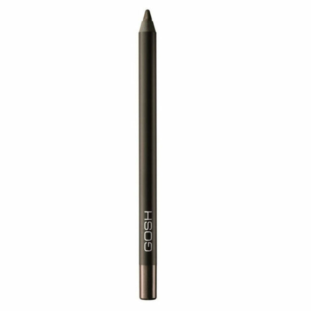 Matita eyeliner grigio scuro con punta affilata e scritta argentata 'GOSH'.