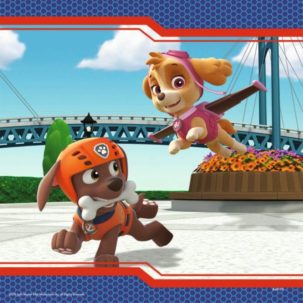 Illustrazione di due personaggi di Paw Patrol. Un cucciolo marrone con uniforme arancione e un cucciolo rosa con le ali.