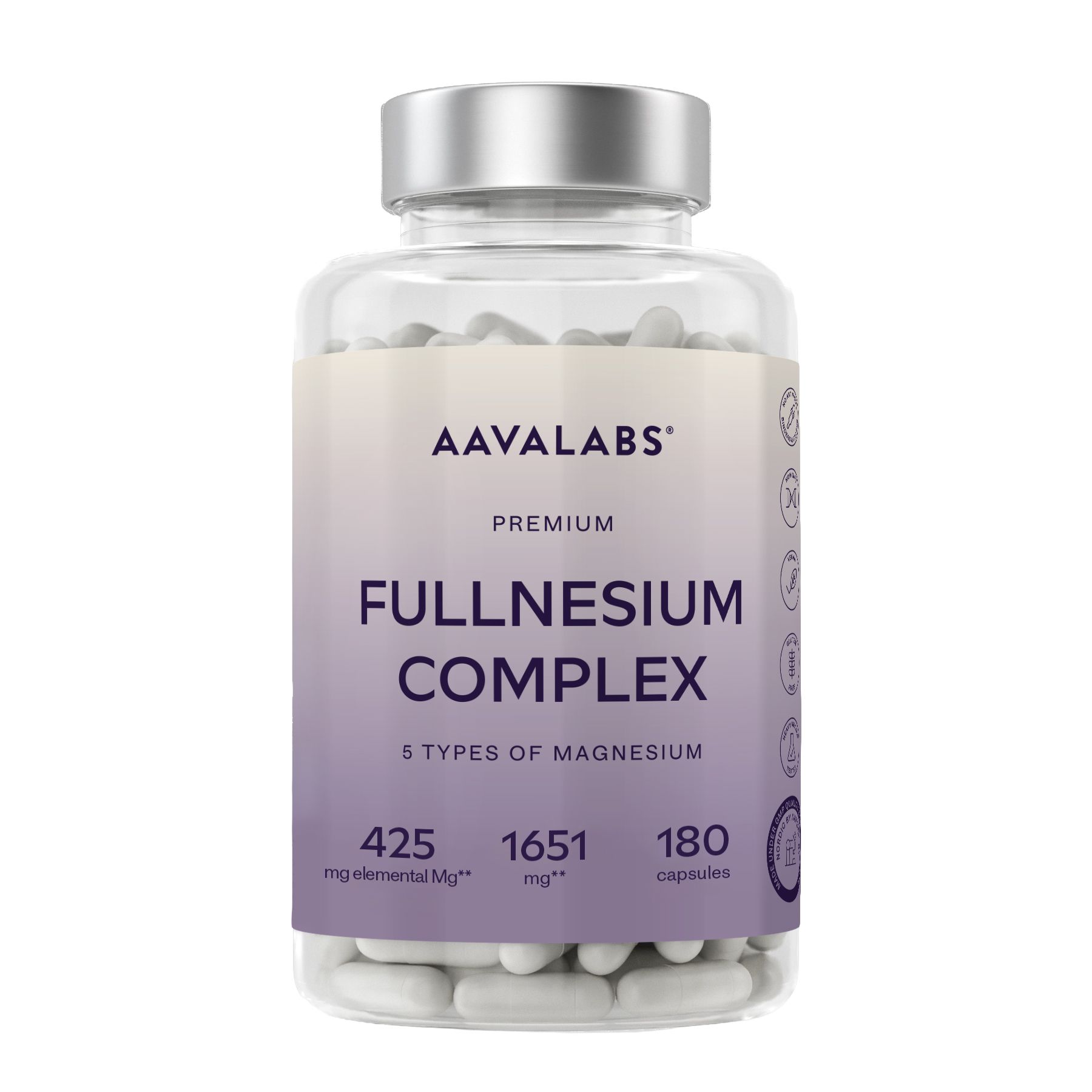 Flacone trasparente con capsule. Scritta: AAVALABS, FULLNESIUM COMPLEX, 180 capsule.