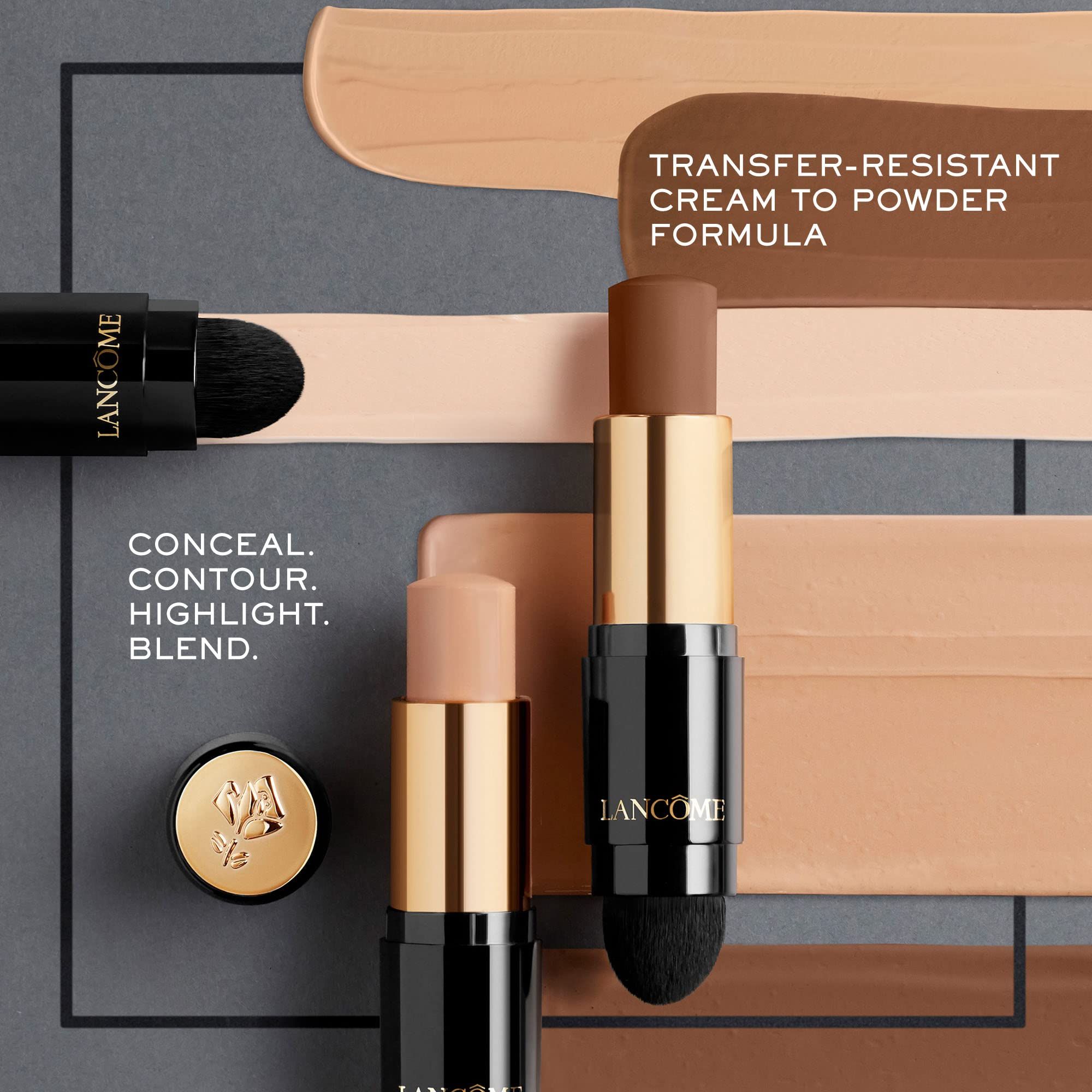 Due stick, campioni di colore. Testo: Conceal, Contour, Highlight, Blend. Marchio Lancôme.