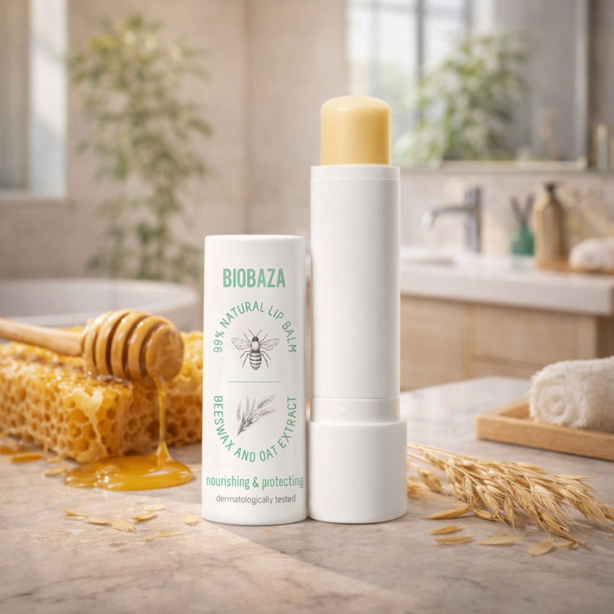 Stick di balsamo per labbra bianco accanto a favo, miele e spighe d'avena. Lo stick riporta la scritta "BIOBAZA", "99% NATURAL LIP BALM" e "BEESWAX AND OAT EXTRACT".