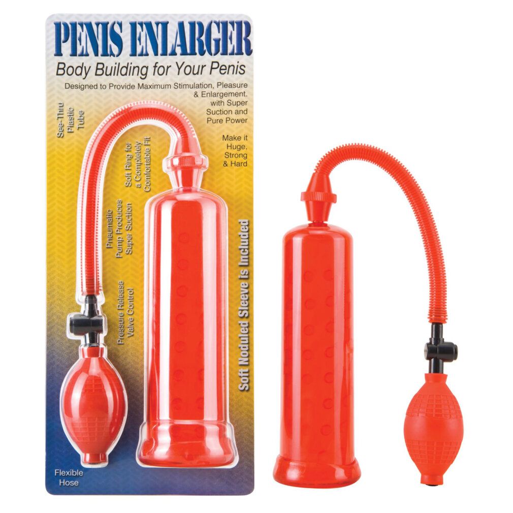 Pompa ingranditore del pene rossa con tubo e pompa a palloncino, confezionata e separata.