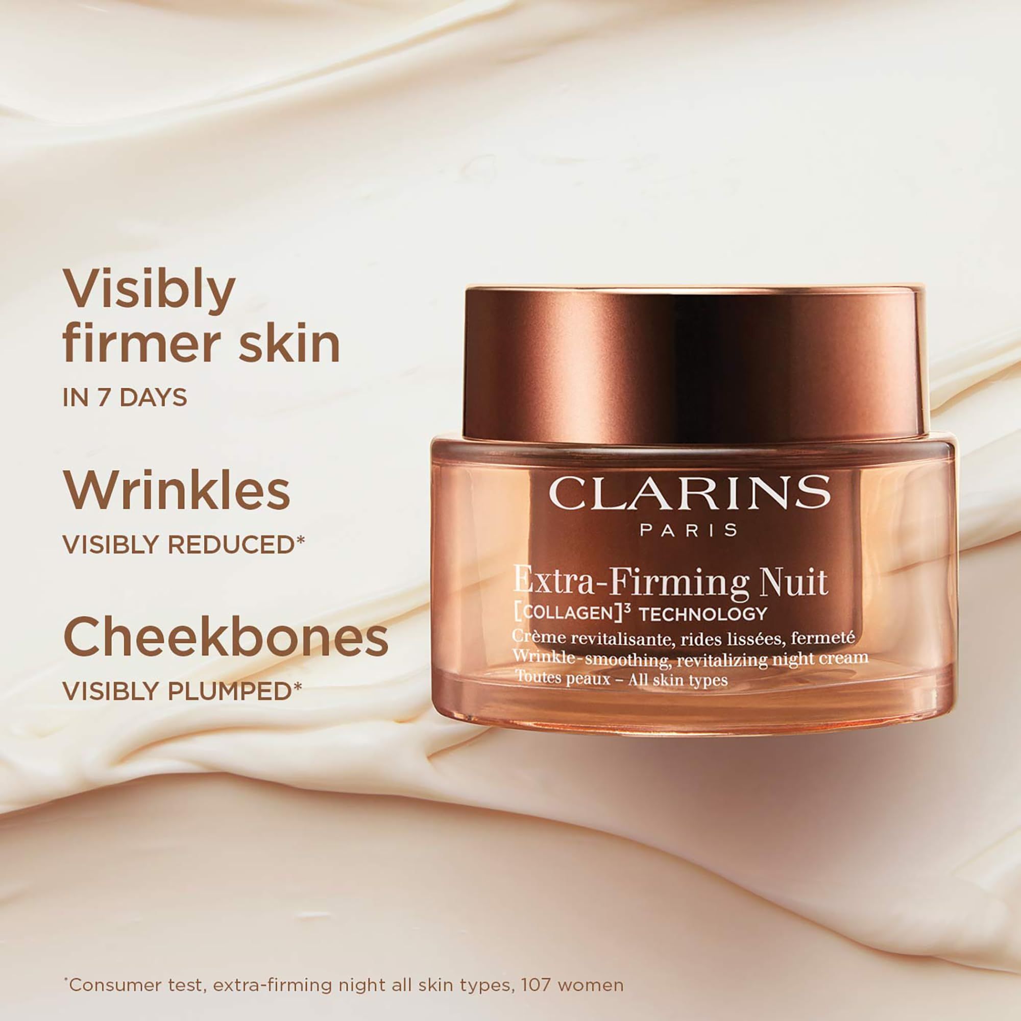 Clarins Extra-Firming Nuit. Vasetto marrone, coperchio dorato. Testo: pelle visibilmente più soda in 7 giorni, rughe ridotte, zigomi rimpolpati.