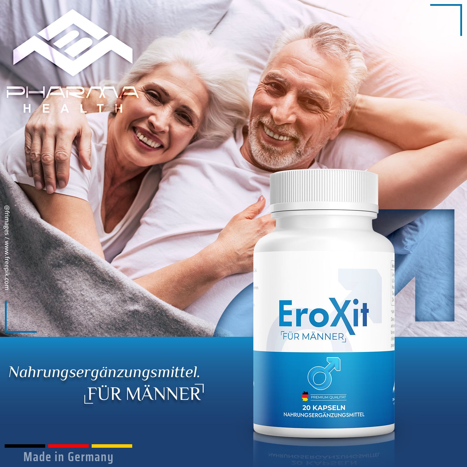 Un flacone di EroXit per uomini, 20 capsule, accanto a una coppia anziana a letto. Logo Pharma Health. Made in Germany.