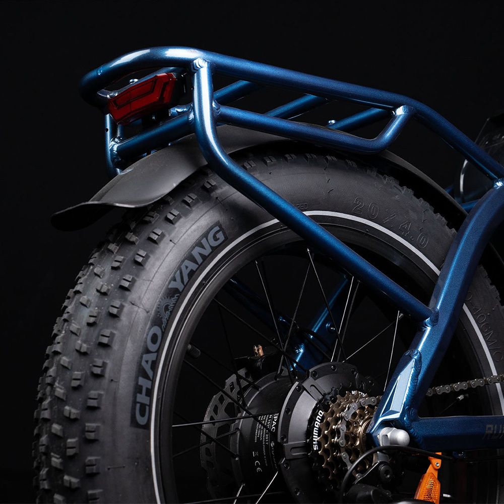 Primo piano della ruota posteriore di una e-bike blu. Pneumatico nero con scritta CHAO YANG. Portapacchi e fanale.