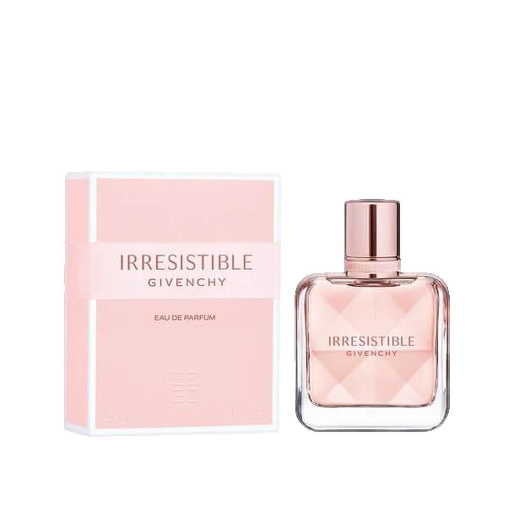 Givenchy Irresistible Eau de Parfum. Flacone e confezione. Confezione rosa con scritta: Irresistible, Givenchy, Eau de Parfum.