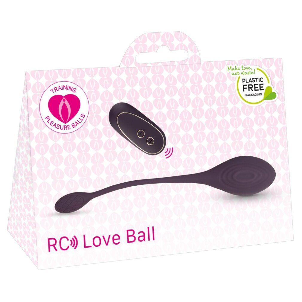 Confezione con RC Love Ball e telecomando. Scritta: Training Pleasure Balls. Imballaggio senza plastica.