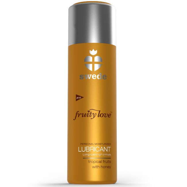 Flacone dorato con tappo argentato. Marca: Swede, Prodotto: Fruity Love Lubricant.