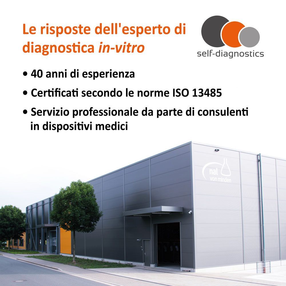 Edificio con testo: Le risposte dell'esperto di diagnostica in vitro. Certificato ISO 13485. Logo self-diagnostics.