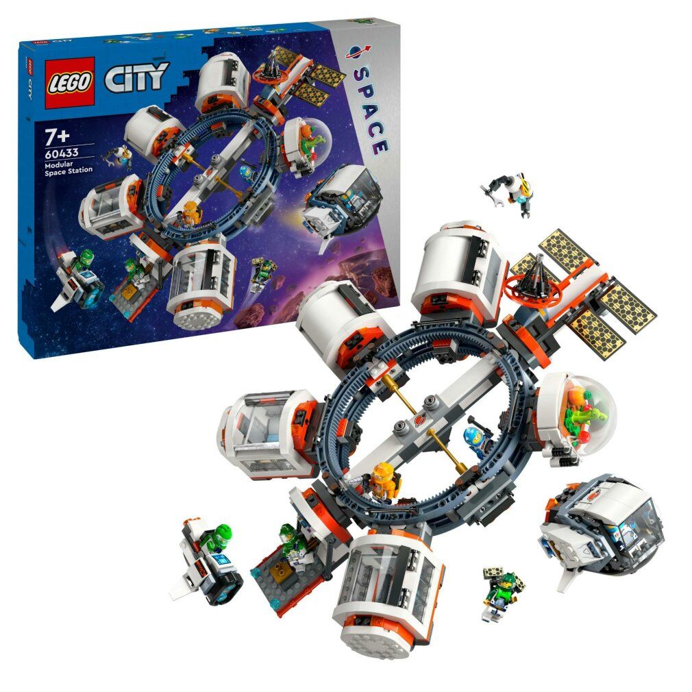 Set LEGO City Stazione Spaziale con navicelle e moduli. Include personaggi. Confezione sullo sfondo. Età consigliata: 7+.