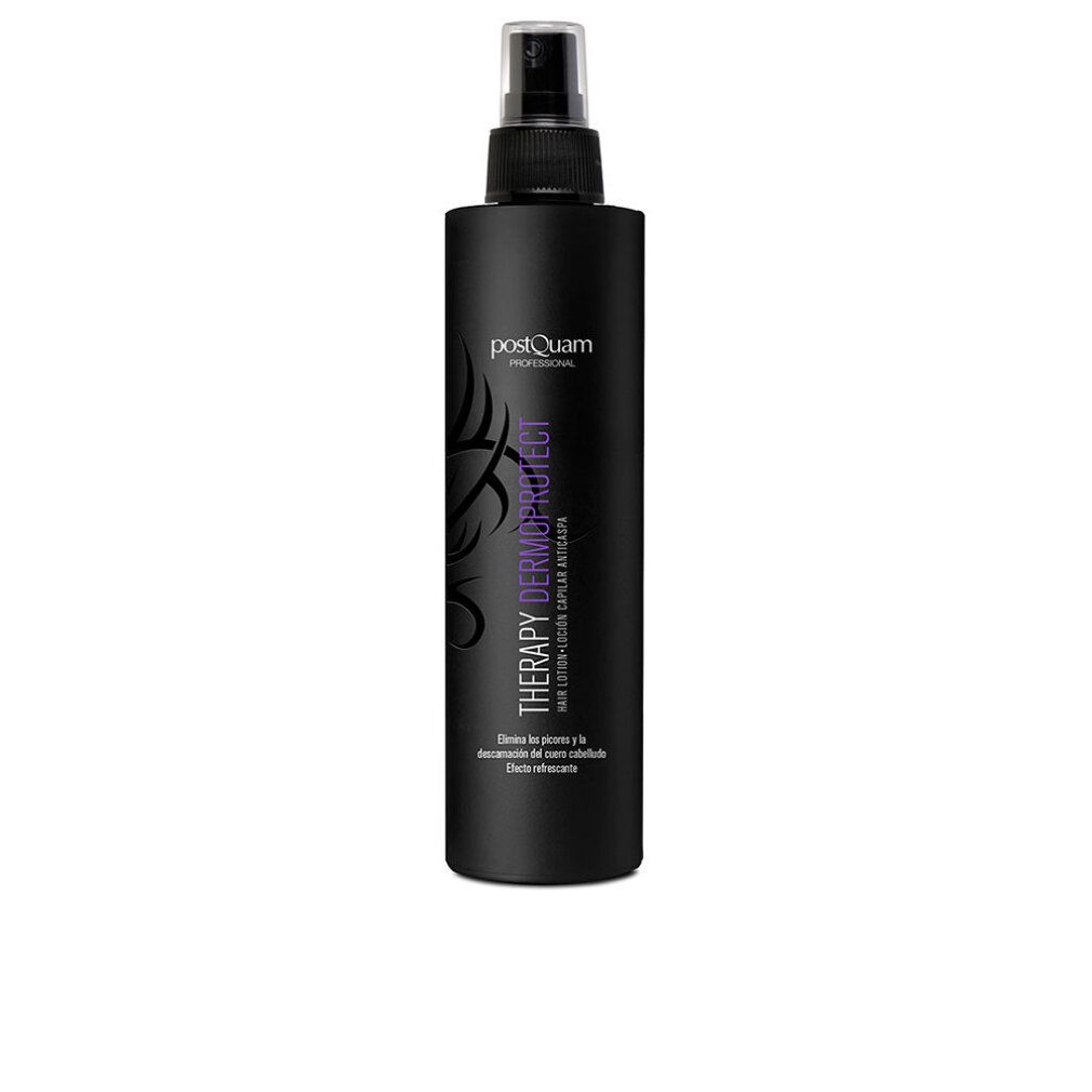 Flacone spray nero con logo bianco e testo viola. Testina spray trasparente. Scritta: THERAPY DERMOPROTECT.