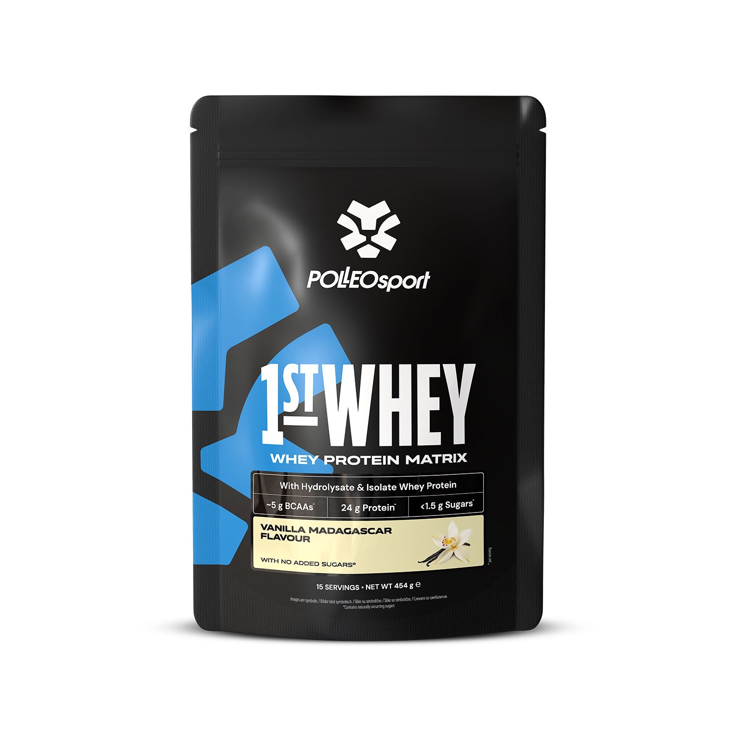 Busta nera con scritta "1ST:WHEY". Contiene matrice proteica del siero di latte. Gusto Vaniglia Madagascar. Senza zuccheri aggiunti.