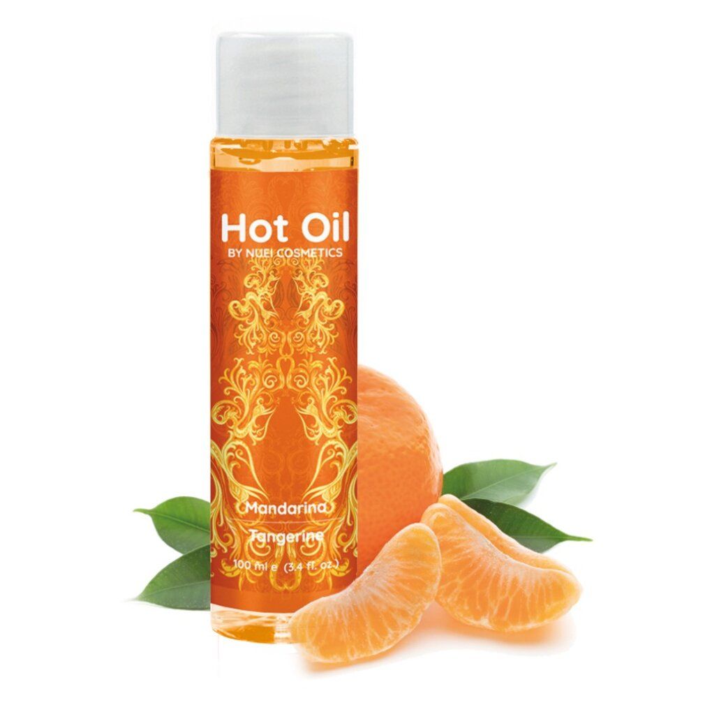 Flacone arancione con tappo bianco, mandarini e foglie. Scritta "Hot Oil" e "Mandarina/Tangerine".
