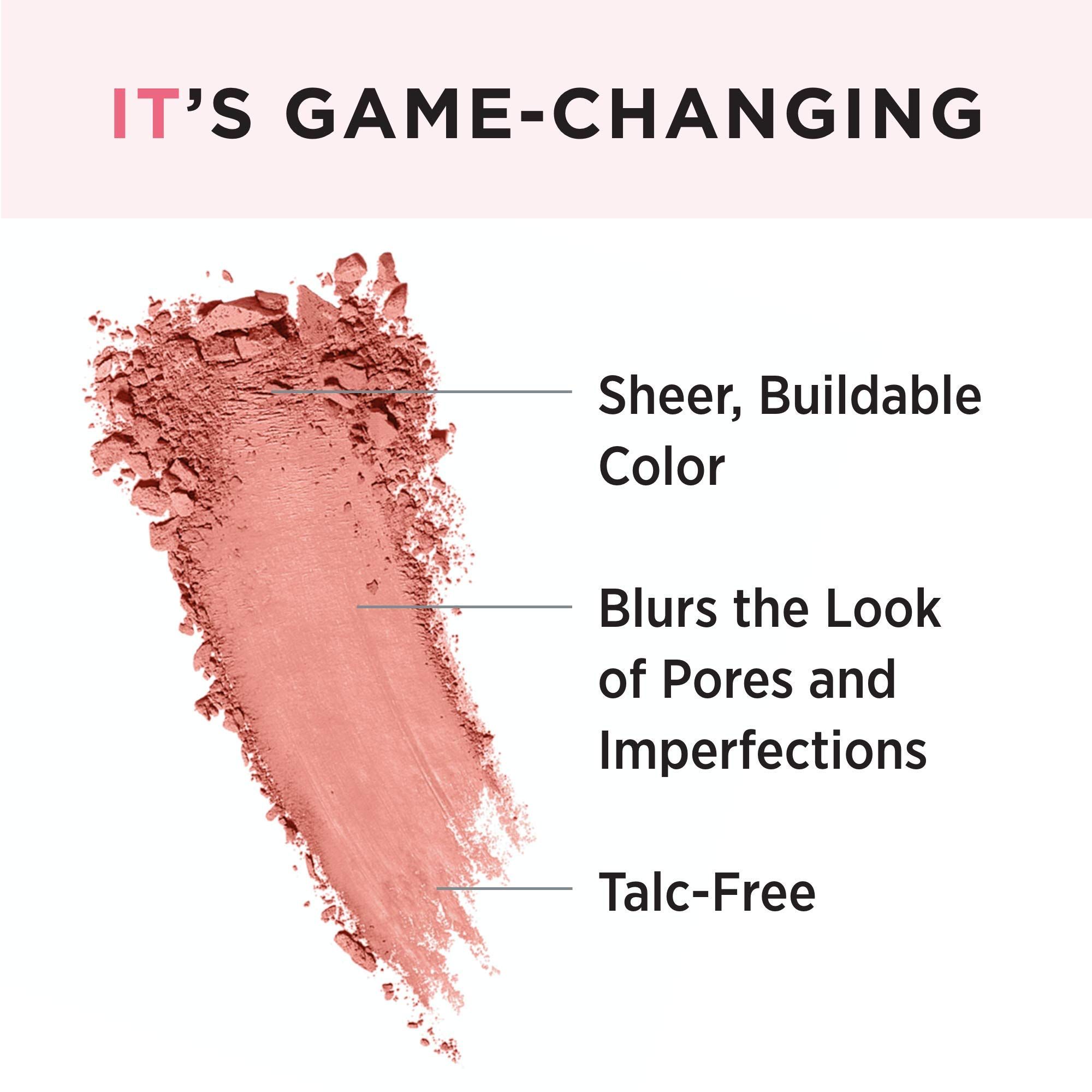 Impronta di blush rosa con testo: Sheer, Buildable Color, Blurs the Look of Pores and Imperfections, Talc-Free.