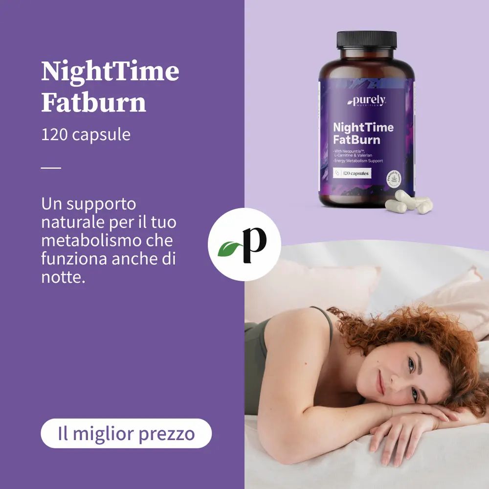 Pubblicità. Flacone NightTime FatBurn, 120 capsule. Donna a letto. Testo: Supporto naturale per il tuo metabolismo che funziona anche di notte.