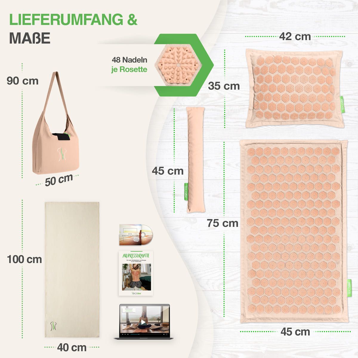 Tappetino per digitopressione, cuscino, borsa e accessori. Dimensioni: Tappetino 100x45cm, cuscino 35x42cm, borsa 90x50cm. 48 aghi per rosetta.