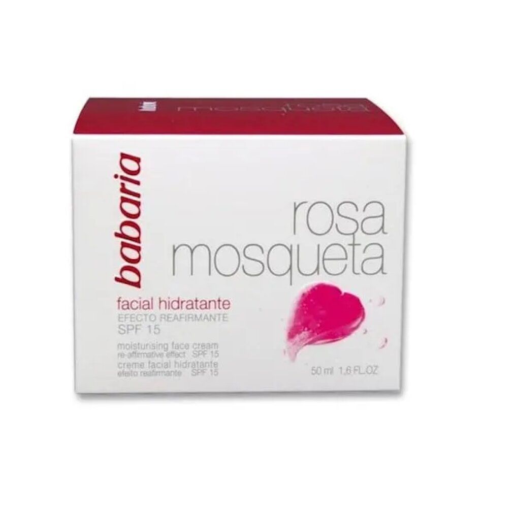 Scatola bianca con coperchio rosso. Scritta: Babaria, rosa mosqueta, facial hidratante, SPF 15. Design a cuore rosa.