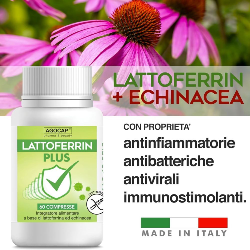Flacone di compresse con scritta verde Lattoferrin + Echinacea. 60 compresse. Sfondo: fiori viola.