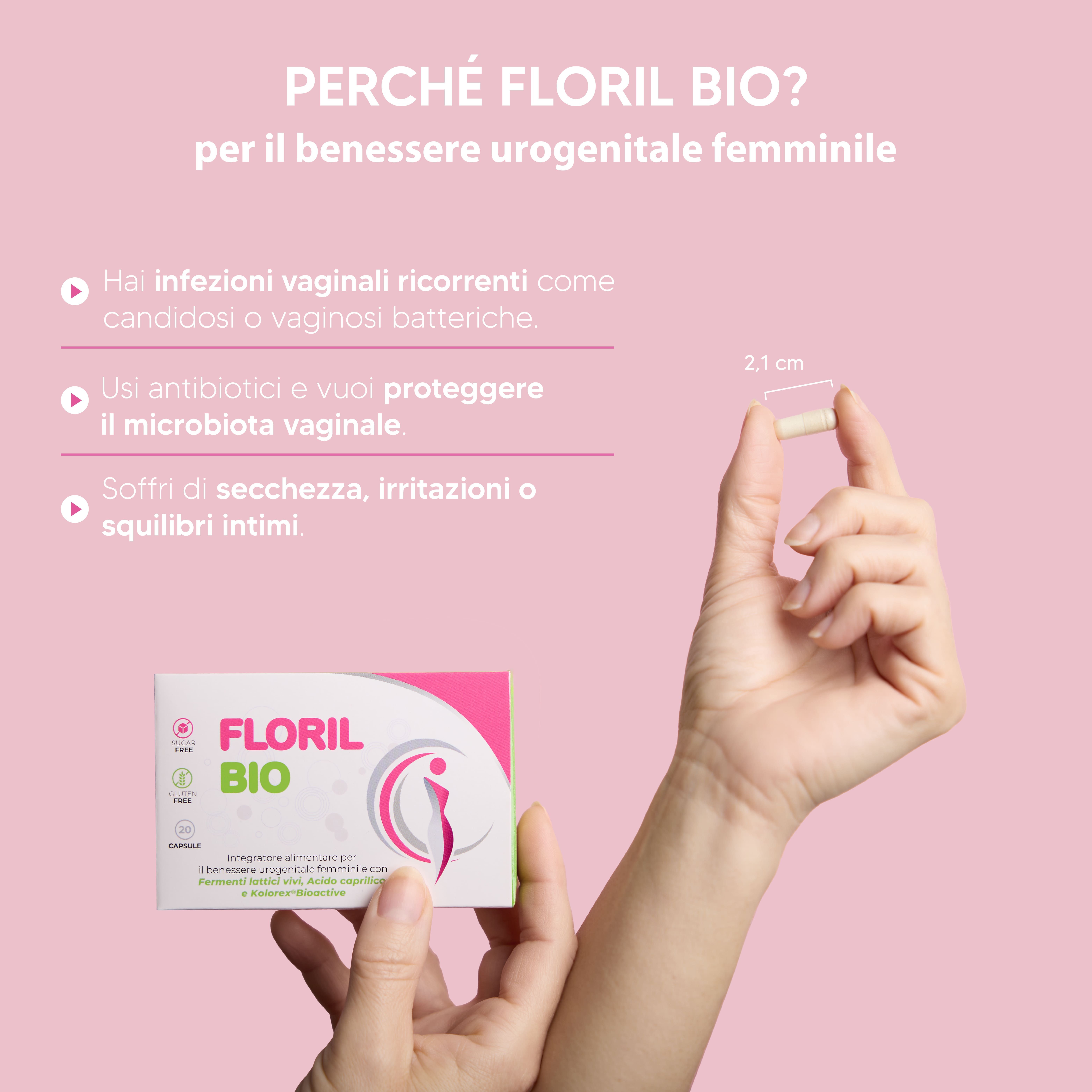 Mano che tiene una capsula. Confezione del prodotto sullo sfondo. Testo: benefici di Floril Bio per la salute urogenitale.