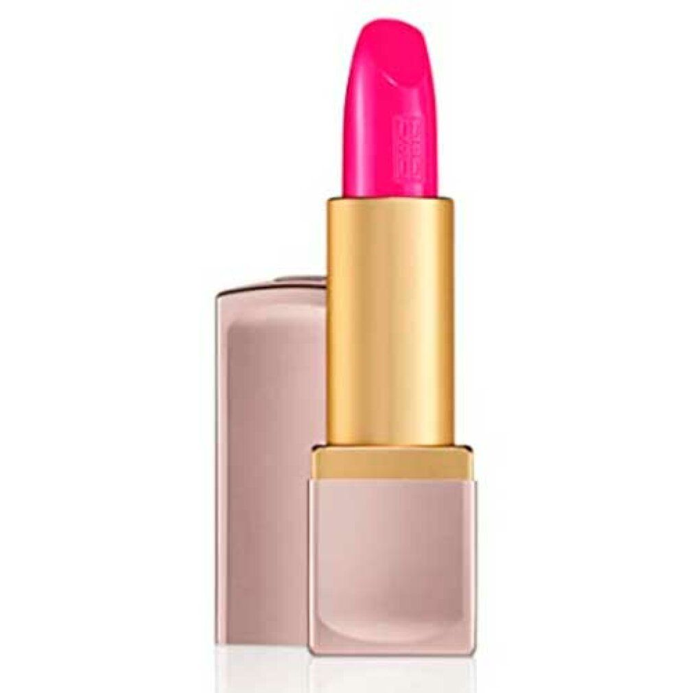 Rossetto rosa acceso con astuccio dorato e rosa. Il rossetto è parzialmente fuori dal suo astuccio rosa.