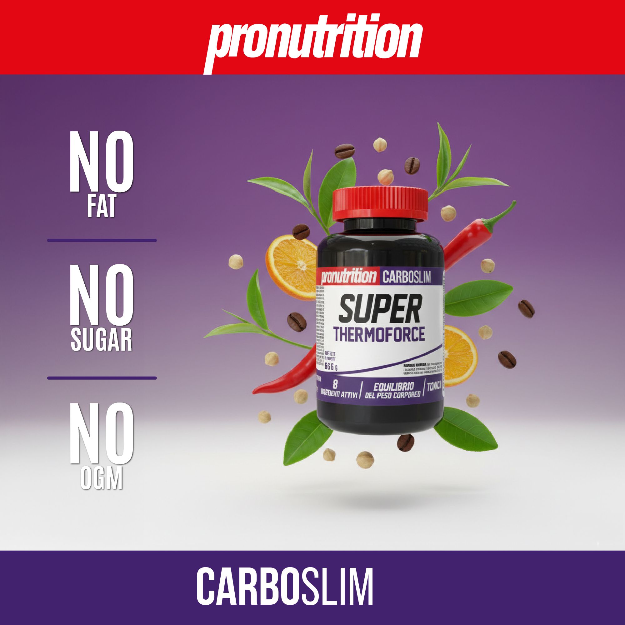 Flacone nero con tappo rosso. Scritta: Super Thermo Force. Elementi: peperoncino, chicchi di caffè, arancia, foglie.