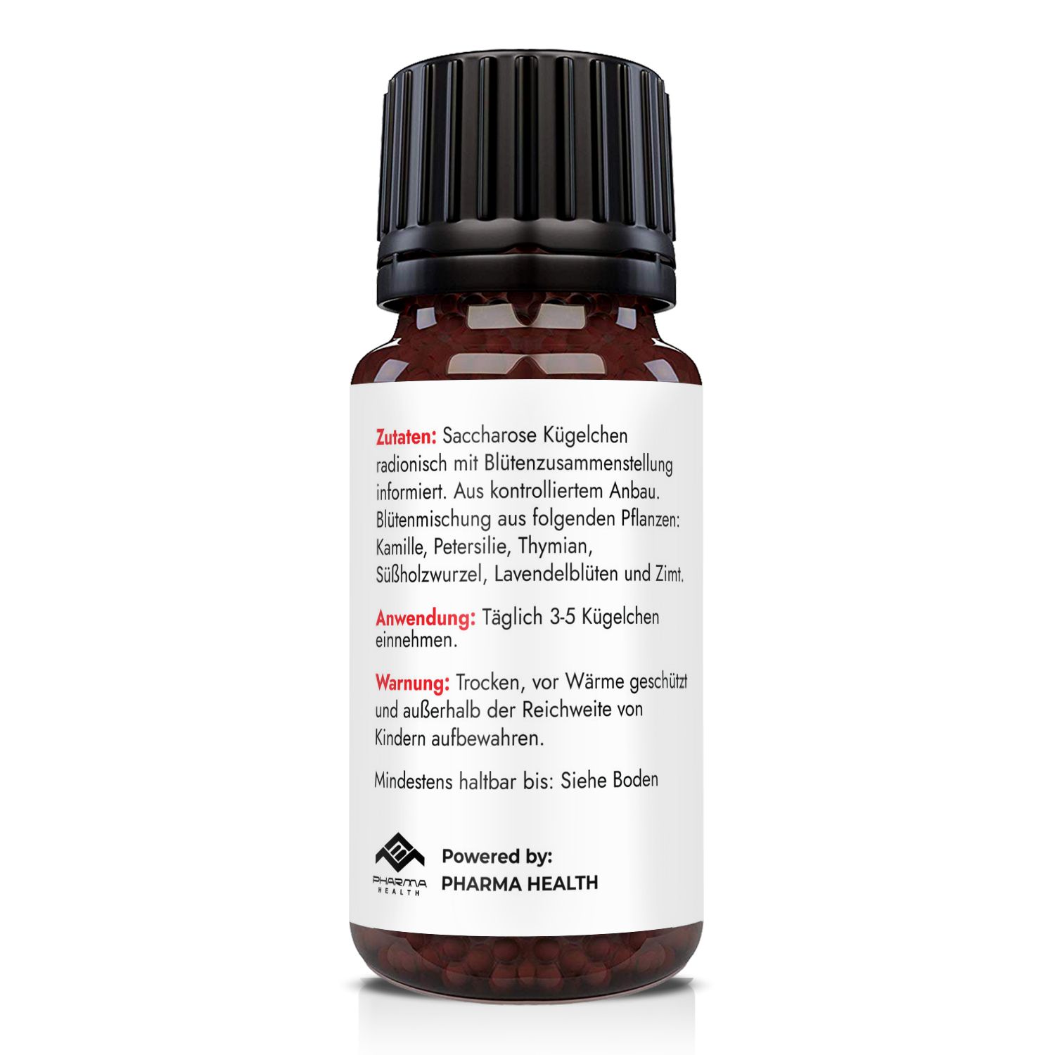 Retro del flacone con testo. Ingredienti, uso, avvertenze. "Powered by: Pharma Health".