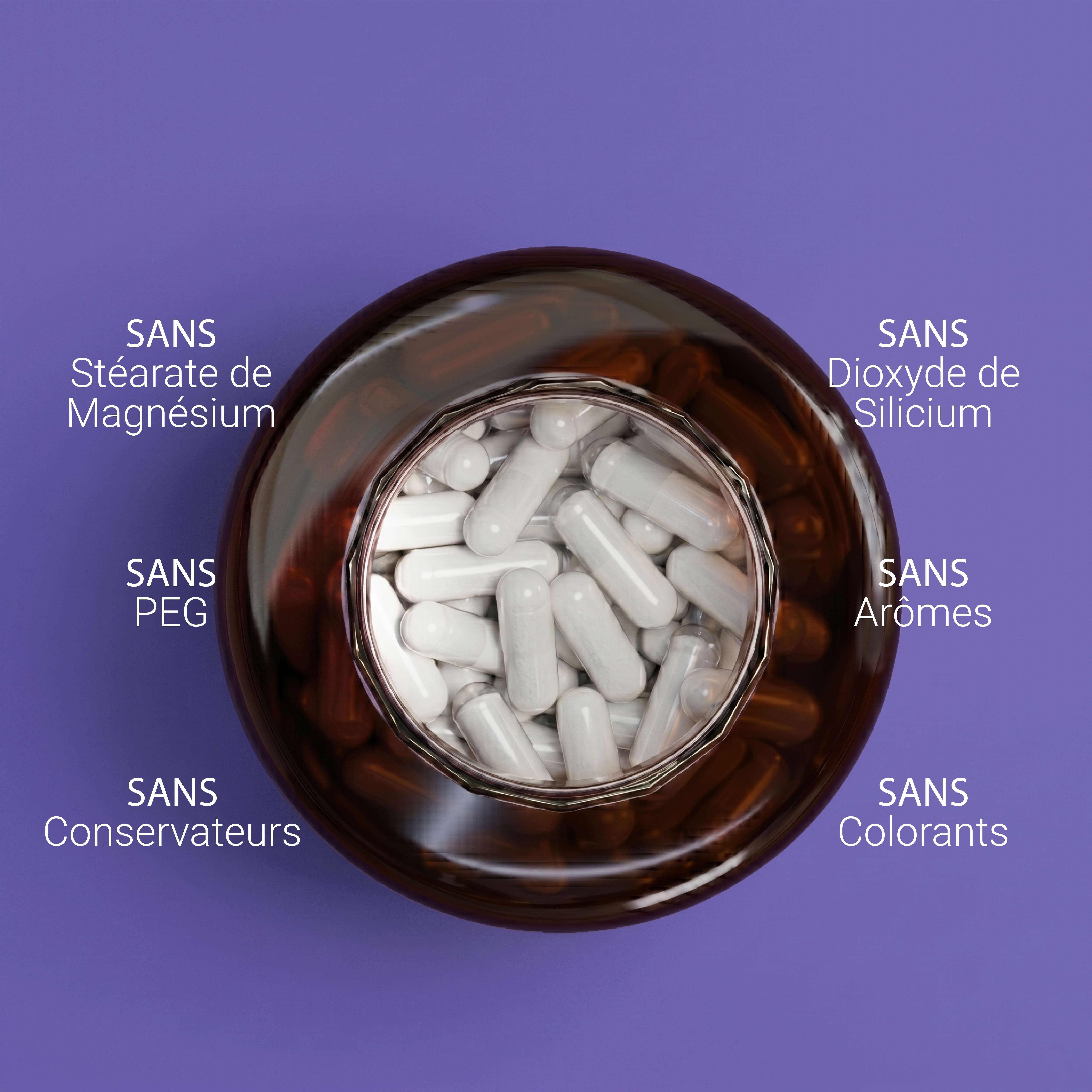 Contenitore marrone per pillole con capsule bianche, privo di magnesio stearato, PEG, conservanti, biossido di silicio, aromi, coloranti.