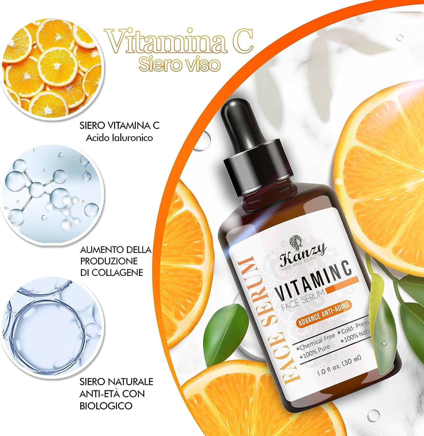 Flacone marrone di siero alla vitamina C Kanzy. Scritta: Face Serum. Con arance e illustrazioni.