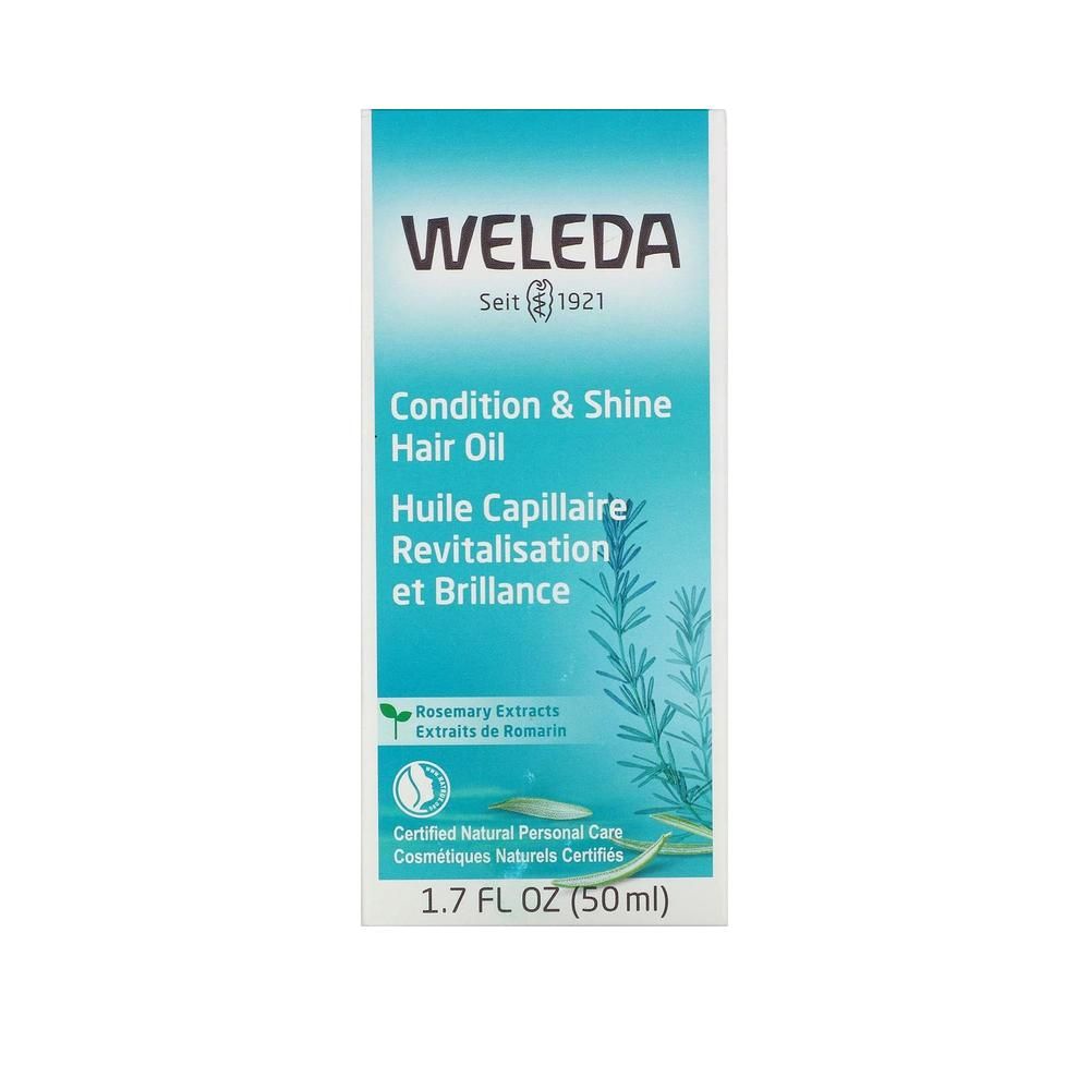 Confezione bianca con scritte: WELEDA, Condition & Shine Hair Oil, 1.7 FL OZ (50ml). Con certificazione.