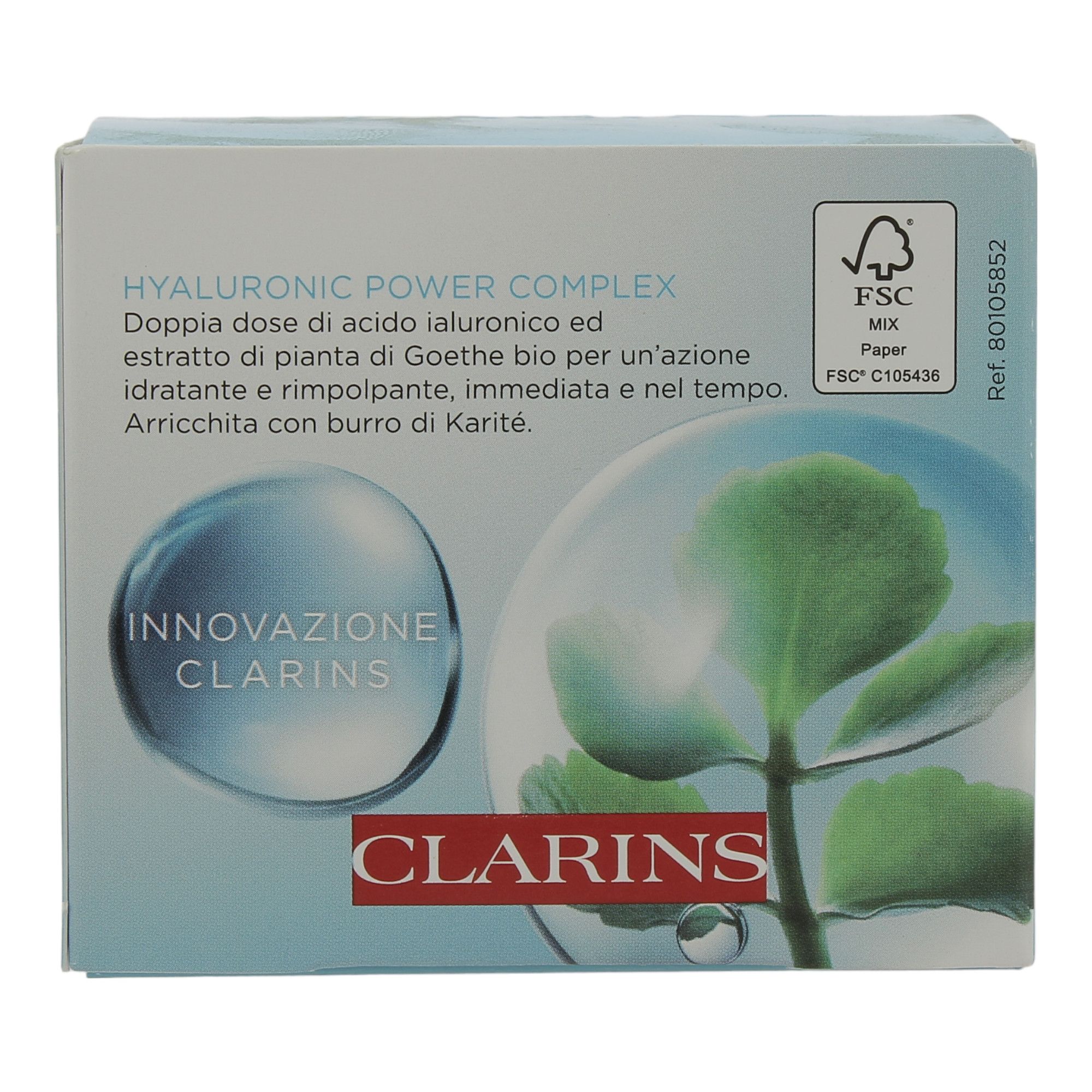 Confezione Clarins. Testo: HYALURONIC POWER COMPLEX, Doppia dose di acido ialuronico, logo Clarins, certificazione FSC.