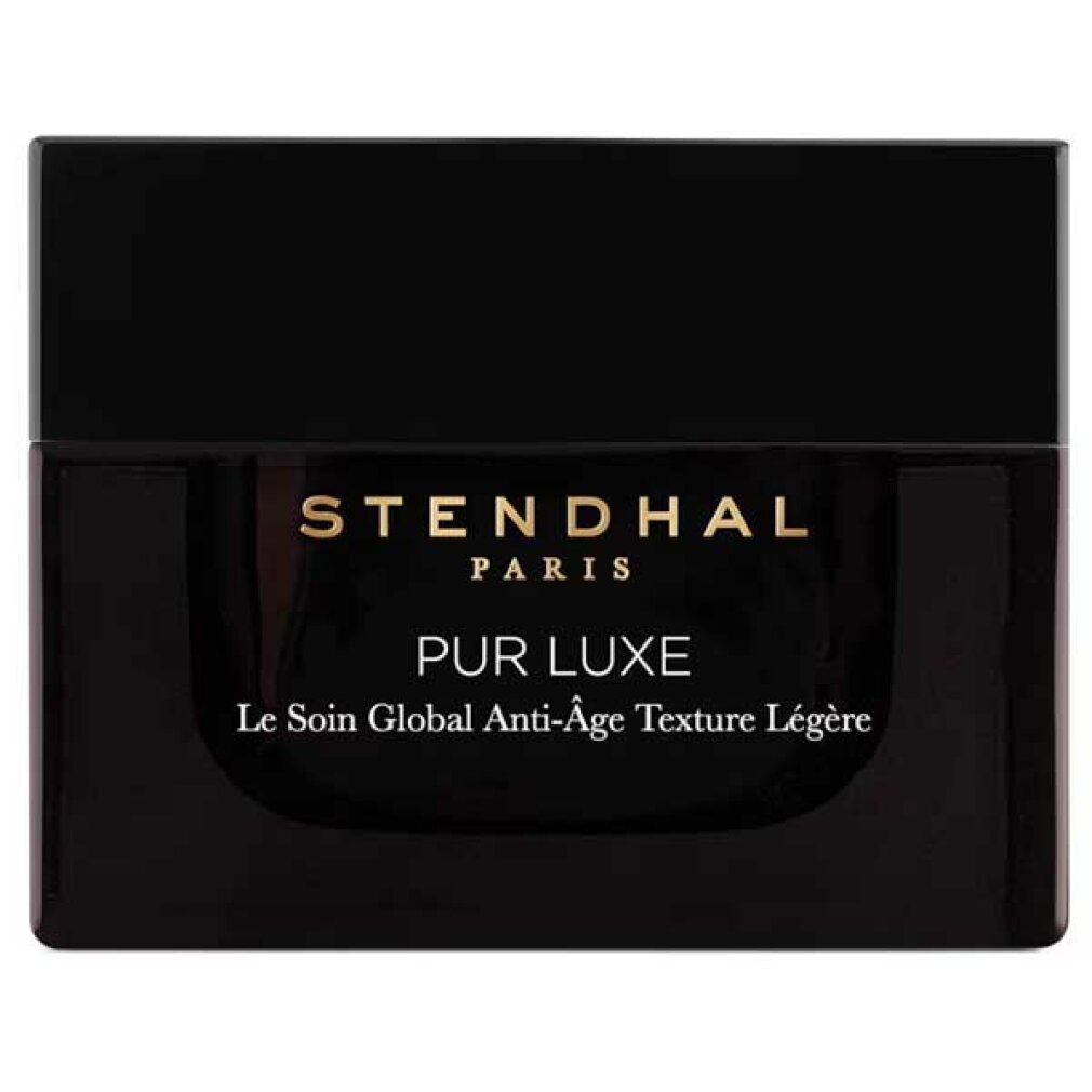 Vaso nero con scritta dorata: Stendhal Paris, Pur Luxe, Le Soin Global Anti-Âge Texture Légère. Coperchio.