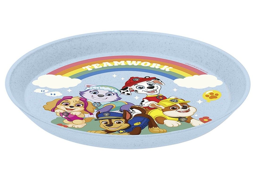 Piatto blu chiaro con motivo Paw Patrol. Raffigura personaggi e arcobaleno con scritta 'TEAMWORK'. Forma rotonda.