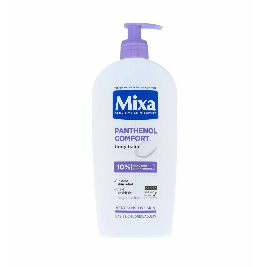 Flacone bianco con pompa viola. Scritta: Mixa, Panthenol Comfort, balsamo corpo. Per pelli molto sensibili.