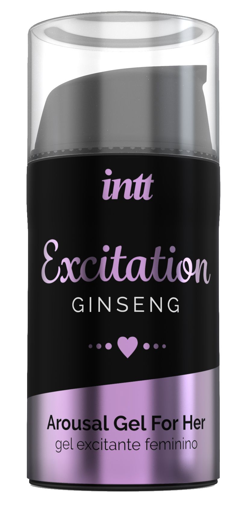 Flacone cilindrico nero con scritta: intt Excitation GINSENG. Arousal Gel For Her. Con dosatore e tappo trasparente.