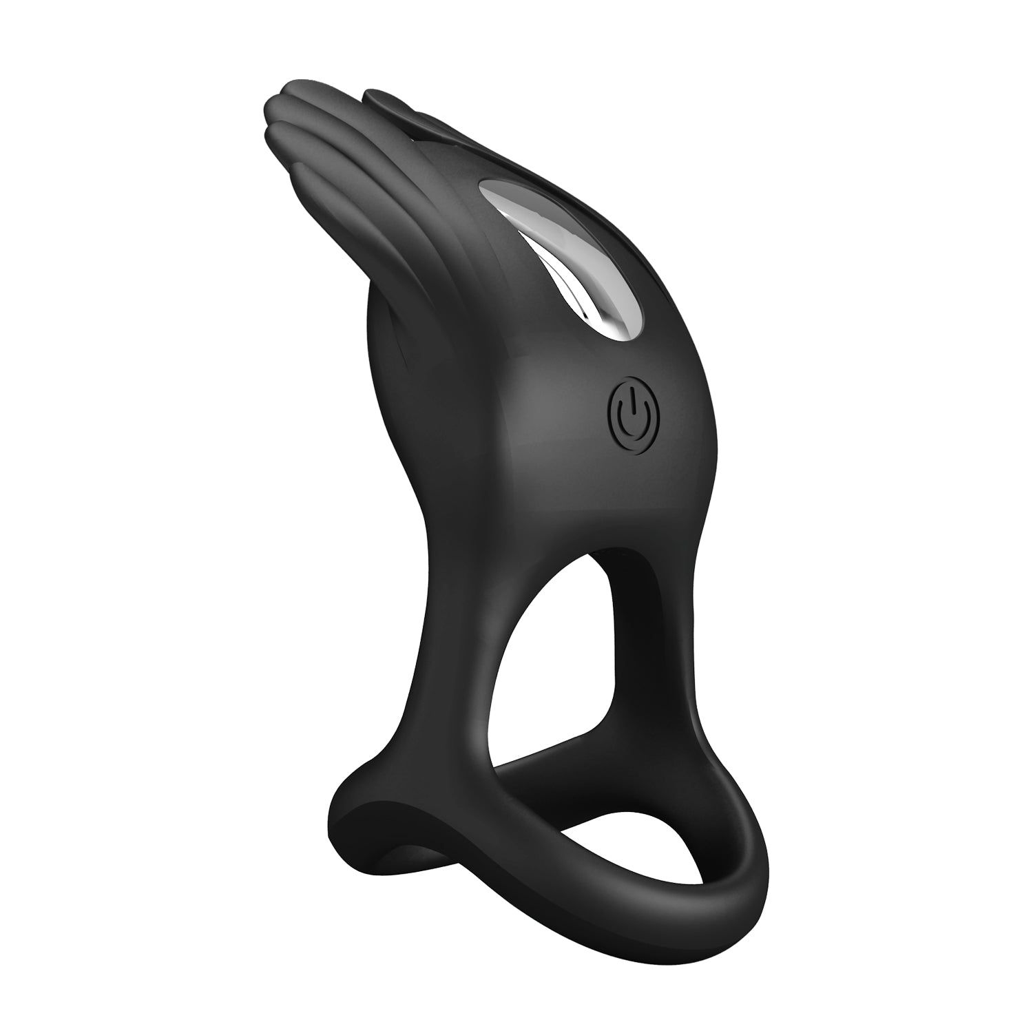 Anello fallico nero con design alato e pulsante di accensione. Base ad anello e forma arrotondata.