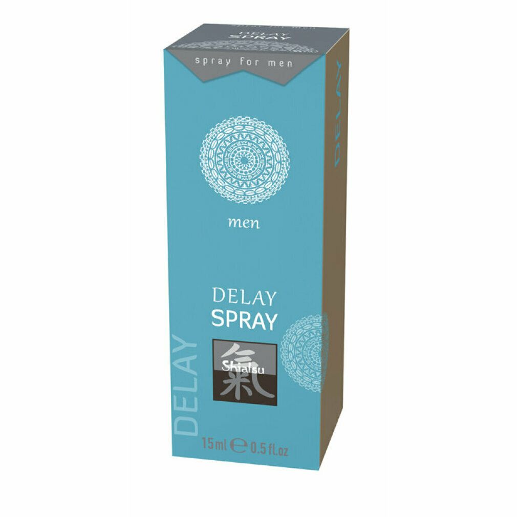 Confezione turchese con motivo bianco. Scritte "men", "DELAY SPRAY", logo e indicazione del volume.