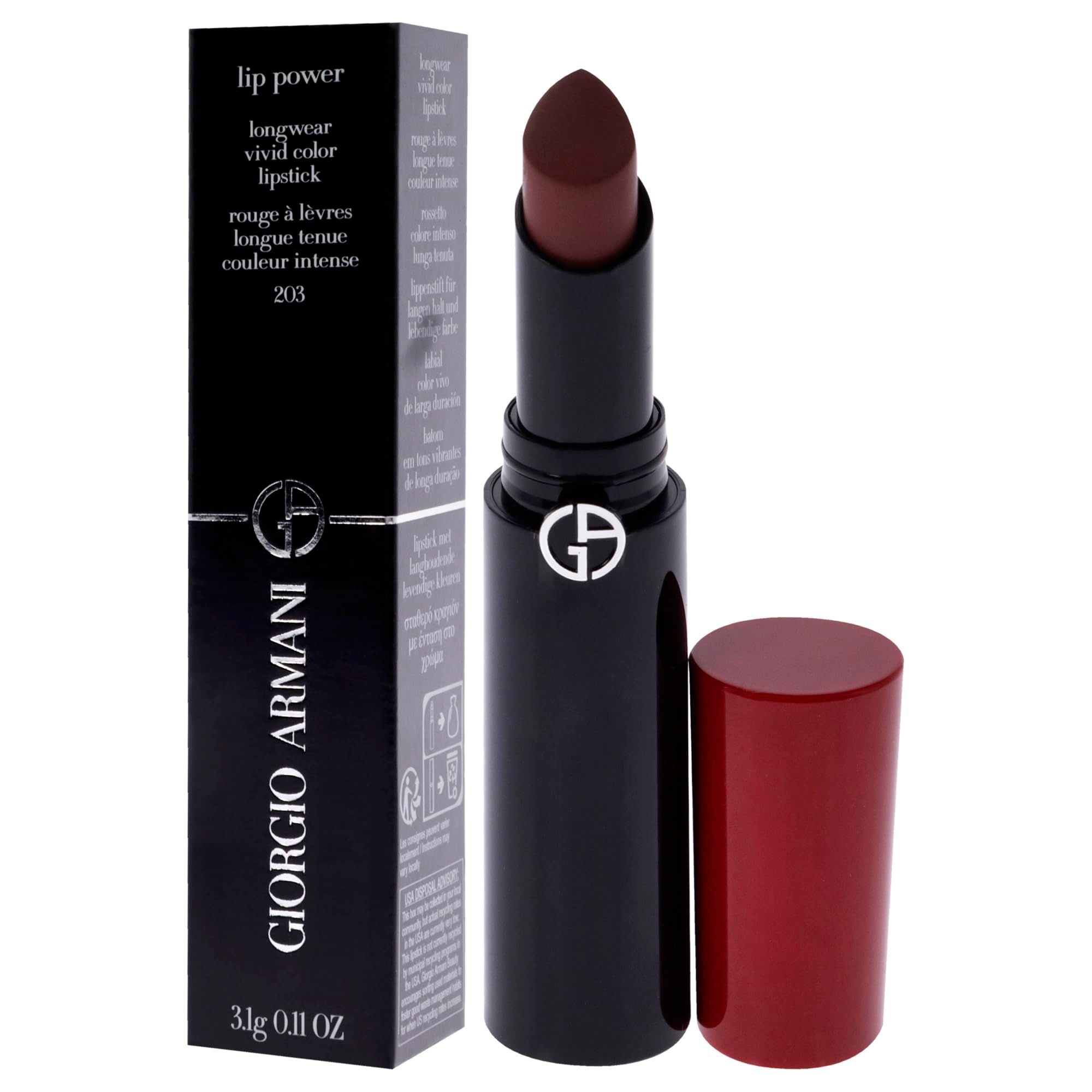 Rossetto con astuccio nero e cappuccio rosso. Confezione nera con logo e informazioni sul prodotto. Colore scuro del rossetto.