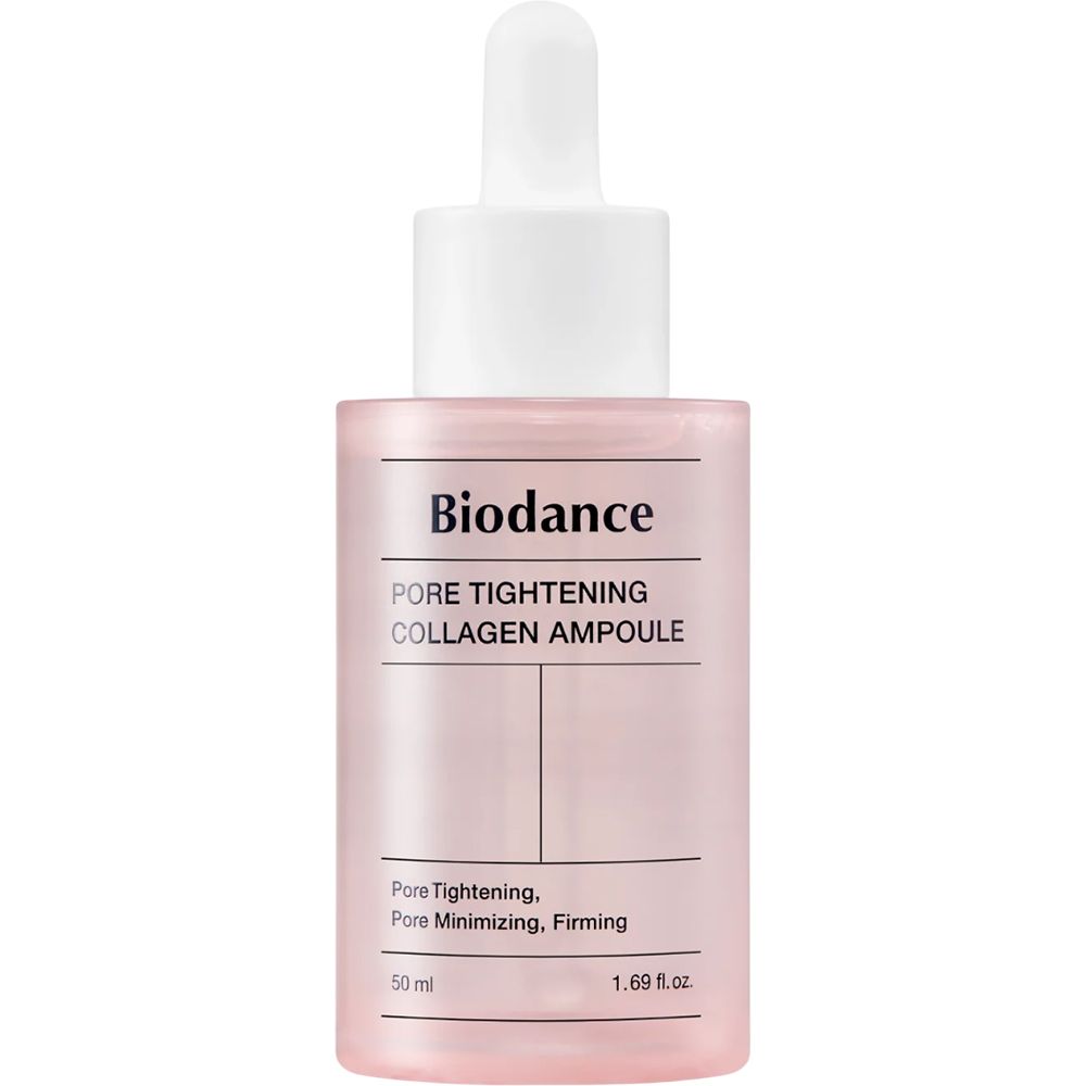 Flacone rosa con tappo bianco. Scritta: Biodance Pore Tightening Collagen Ampoule. Contiene 50 ml.