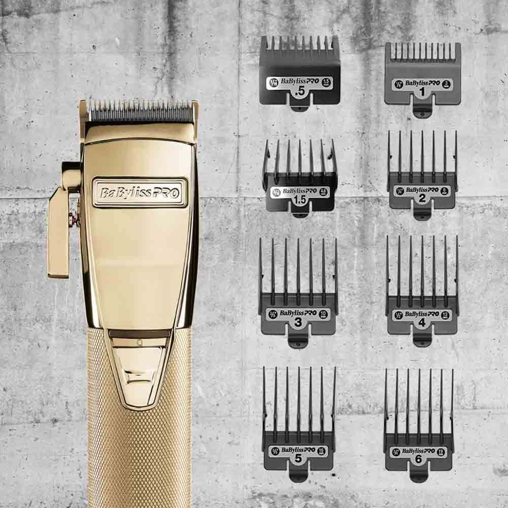 Tagliacapelli dorato con pettini. Pettini per diverse lunghezze di capelli. Marchio Babyliss Pro.