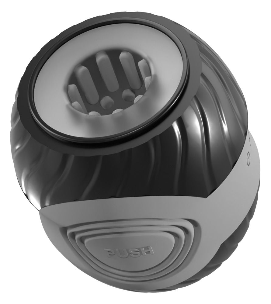 Masturbatore nero scanalato con fascia grigia e struttura interna. Pulsante grigio con scritta "PUSH".
